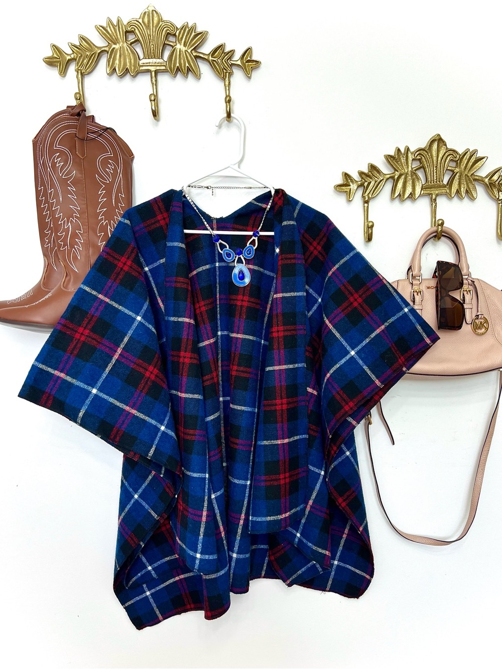 Plaid wool poncho cape L